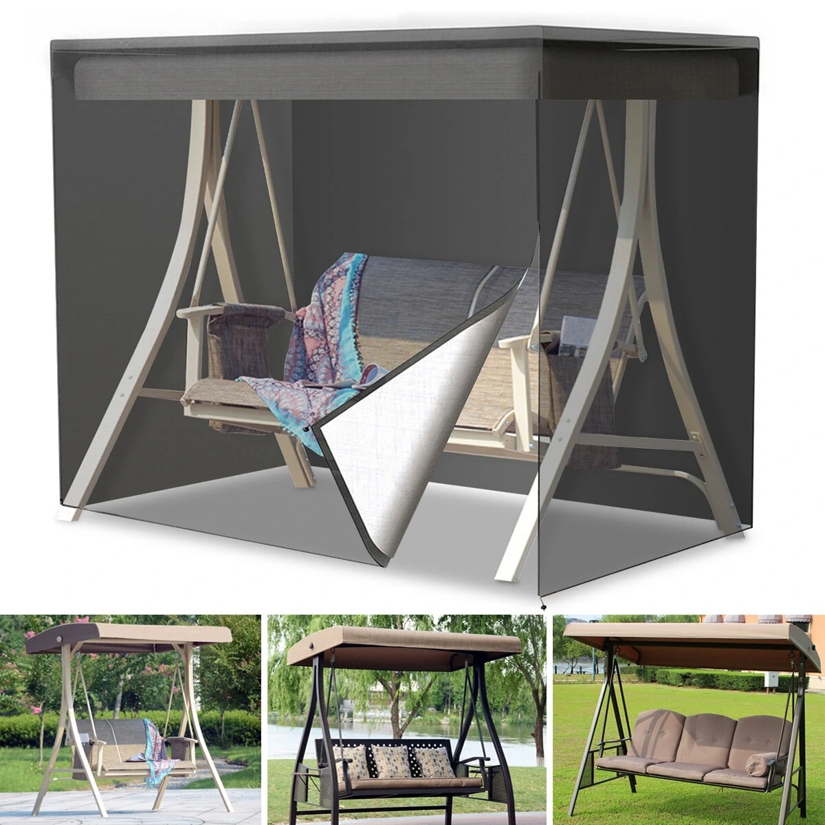 (image for) 200x170x125cm 210D 3 Seater Swing Seat Chair Hammock Cover Outdoor Furniture Waterproof Cover Garden Yard Sofa Chair Cover Folding Dust Rain Protector